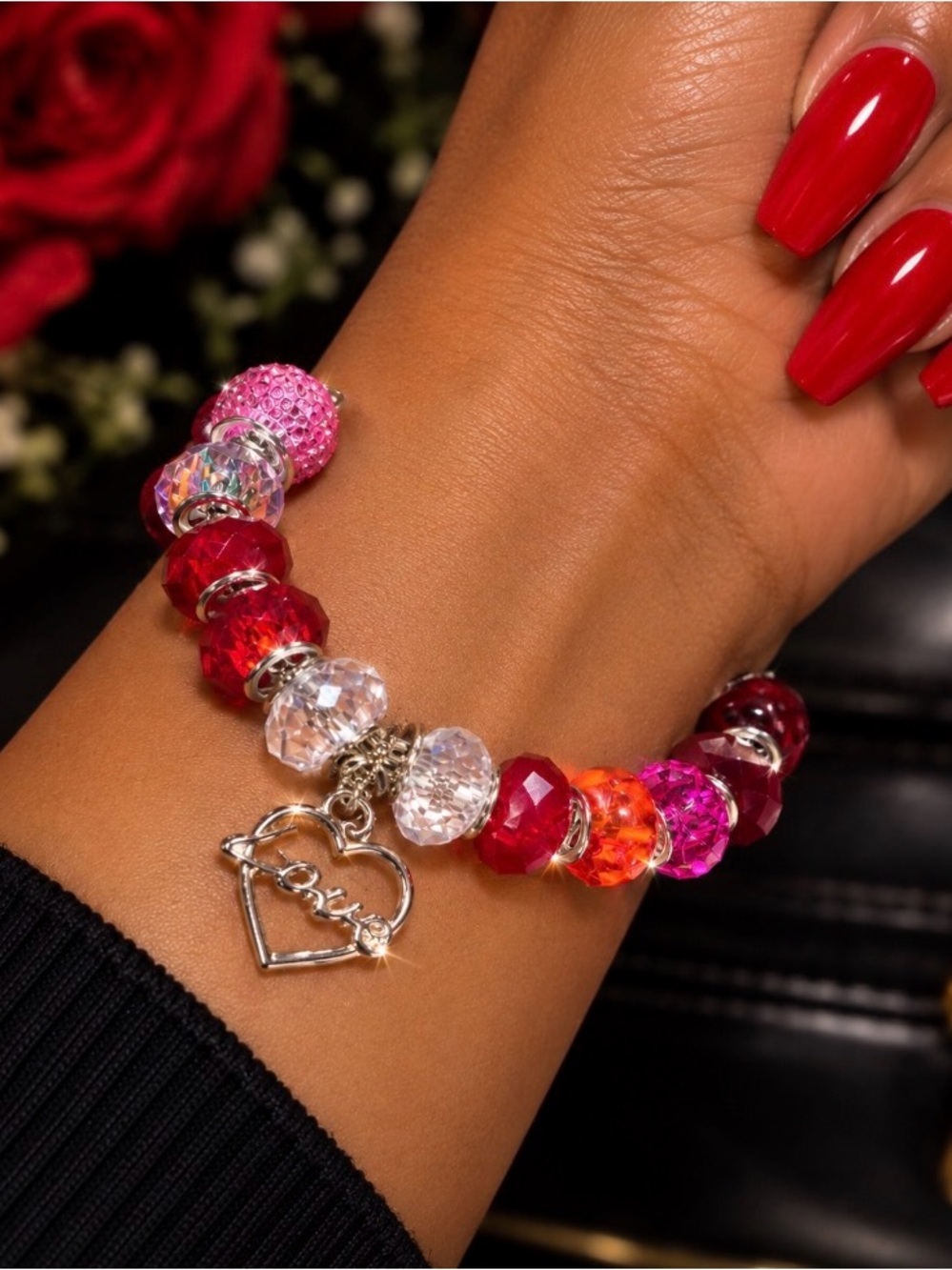 Heart Charm “Love” Beaded Bracelet in Red & Pink - Handcrafted Jewelry